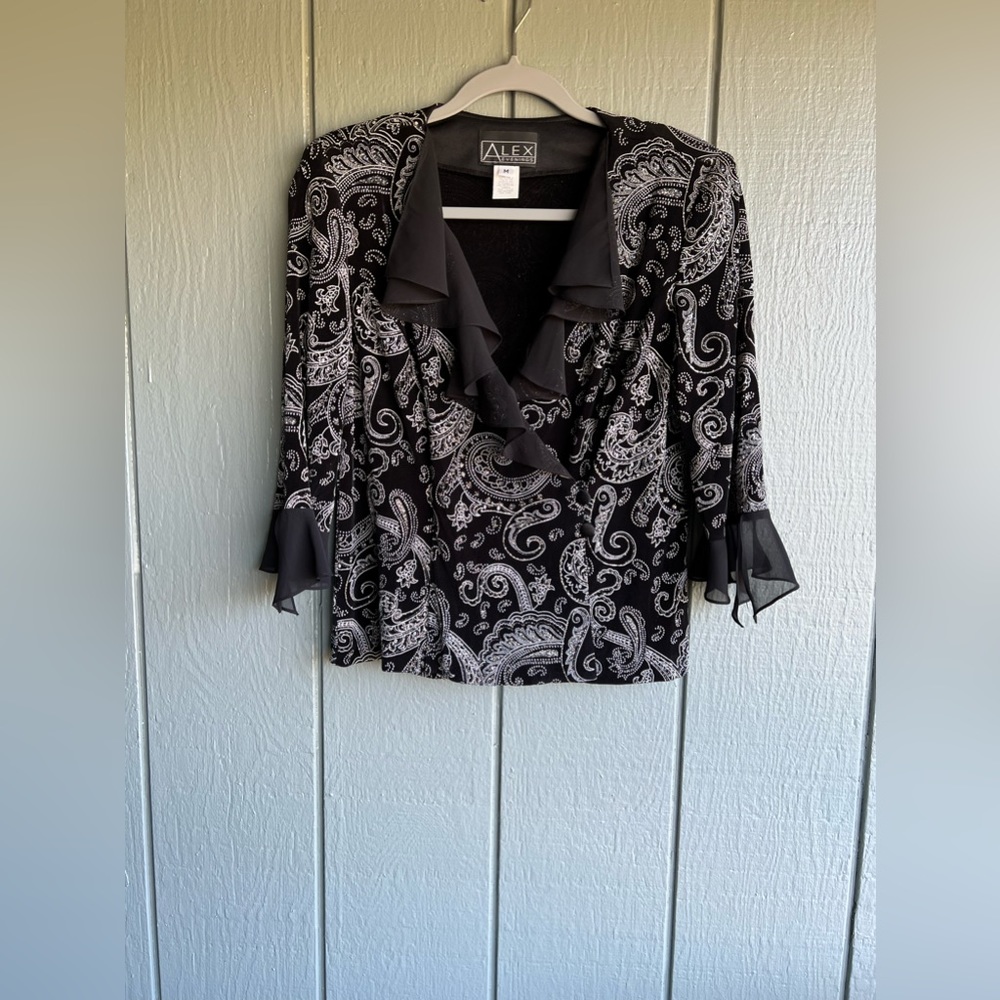 Alex Evenings Black Silver Glitter Sparkle Wrap Ruffle Sheer Formal Party Top